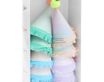 Luxe Party Hats x 8, Luxury Party hats with pom poms, pastel party hats, kids party hats, pastel birthday party supplies