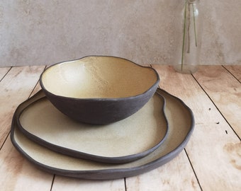 Ceramic serving dish set, Modern Ceramic Dinnerware Set, Black and BeigeCeramic set