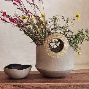 Handmade Ceramic Flower Vase: Light Brown Pottery with Engraved Handles