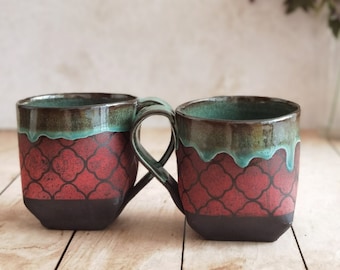 Set of TWO Ceramic mugs,  Turquoise & Red Mugs For Tea lovers, Vintage mugs, Pottery cups, Handmade Pottery with an Handle, Gift for Mom