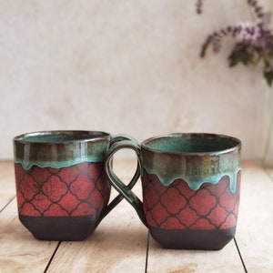 Set of TWO Ceramic mugs, Turquoise & Red Mugs For Tea lovers, Vintage mugs, Pottery cups, Handmade Pottery with an Handle, Gift for Mom image 1