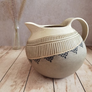 Light Brown Ceramic Pitcher with hand Engraved Decoration and Black Ceramic prints | Ceramic Drinkware | Pottery Pitcher