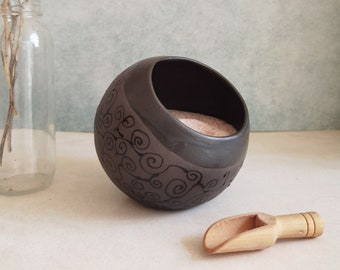 Pottery salt cellar & wood spoon, Ceramic salt keeper, Stoneware Salt Container, Unique Kitchen Gift, Handmade Salt Keeper