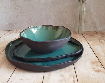 Ceramic serving dish set, Modern Ceramic Dinnerware Set, Black and Turquoise Ceramic set