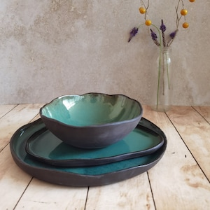 Ceramic serving dish set, Modern Ceramic Dinnerware Set, Black and Turquoise Ceramic set image 1