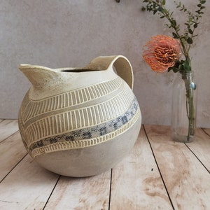 Handmade Ceramic Pitcher: Engraved Stoneware Water Jug
