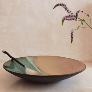 Large Wide Ceramic Bowl ,Large serving dish, Modern ceramic bowl, Beige and turquoise Glaze image 6