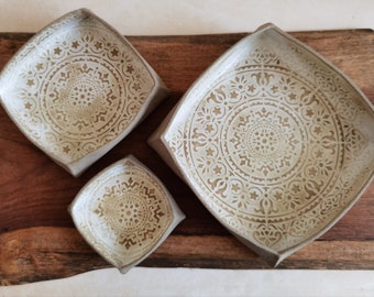 Juego de 3 platos de cerámica hechos a mano: Bandejas de cerámica Mandala