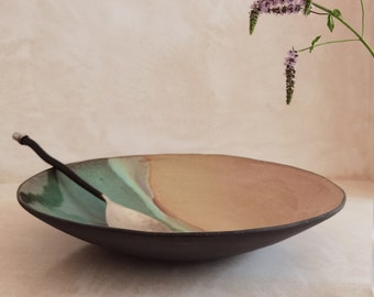 Large Wide Ceramic Bowl ,Modern ceramic bowl, Beige and turquoise Glaze , Large Serving Bowl