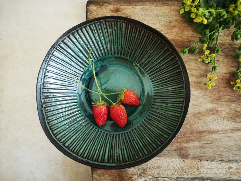 Set of 4 Ceramic Turquoise Bowls Pottery Cereal Bowl with Line Engraved Decorations Dipping Bowl Snack Serving Dish image 2