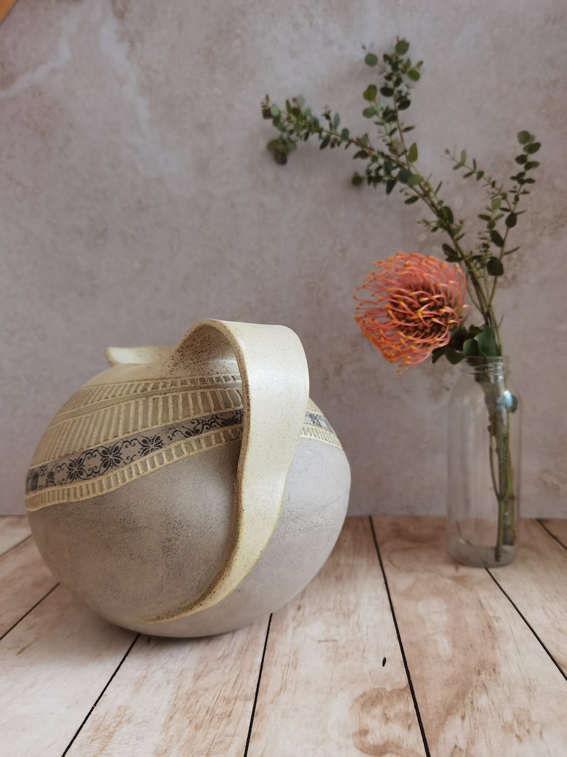 Ceramic Pitcher with hand Engraved Decoration and Black prints, Drinkware, Handmade pottery pitcher, Water Pitcher, Stoneware Pitcher image 2