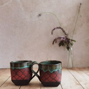 Set of TWO Ceramic mugs, Turquoise & Red Mugs For Tea lovers, Vintage mugs, Pottery cups, Handmade Pottery with an Handle, Gift for Mom image 4