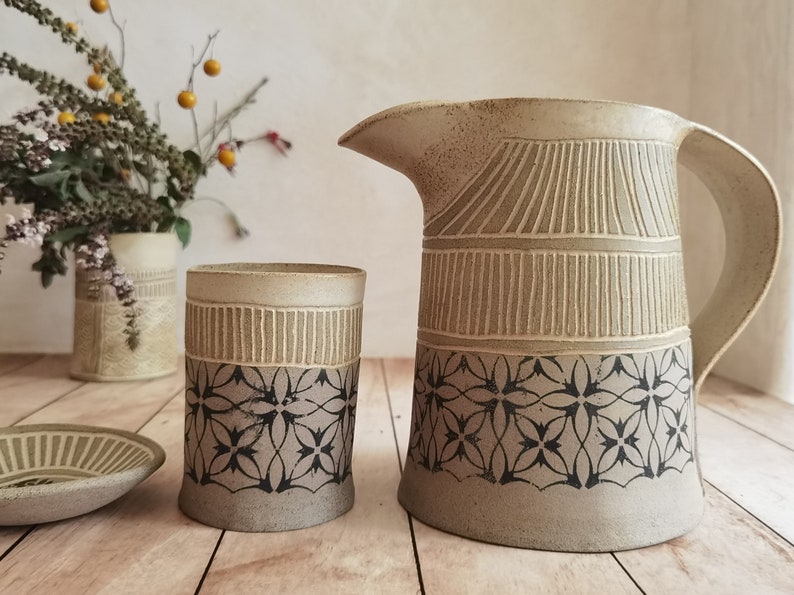 SET of TWO Tumblers & ONE Ceramic pitcher, Ceramic Drinkware, Handmade pottery pitcher, Water Pitcher, Stoneware Pitcher, Gift Idea image 7