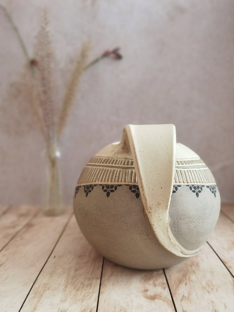 Light Brown Ceramic Pitcher with hand Engraved Decoration and Black Ceramic prints Ceramic Drinkware Pottery Pitcher image 3