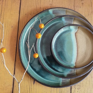 Set of 2 Beige and Turquoise Ceramic Plates ,Beige and Turquoise Plates, Handmade plate, Round Plater image 6