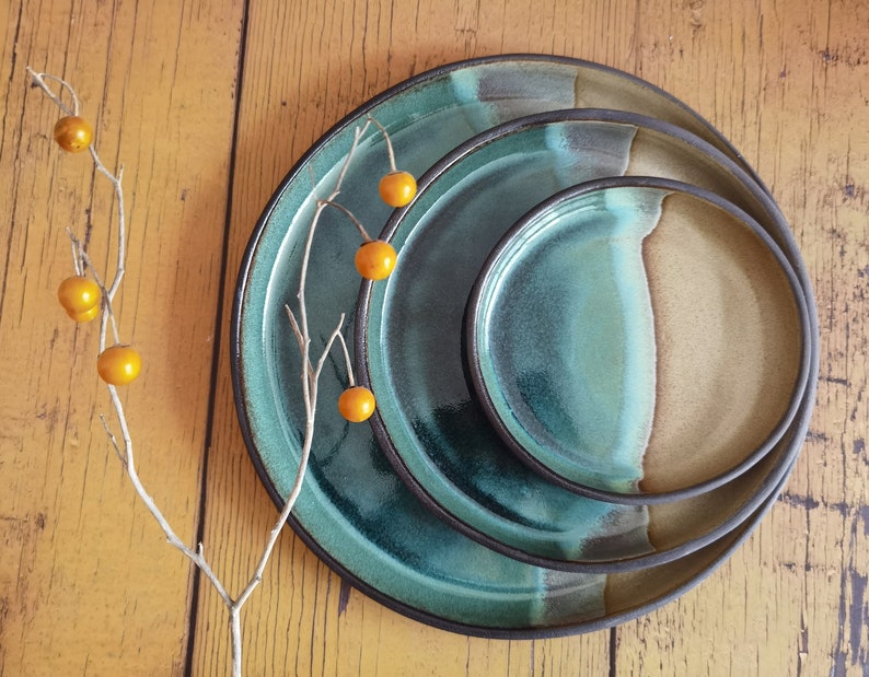 Set of 2 Beige and Turquoise Ceramic Plates ,Beige and Turquoise Plates, Handmade plate, Round Plater image 6