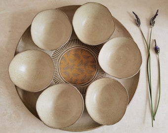 XL Round Passover Plate with 6 Small Bowls | Beige glazed with feathers yellow prints.