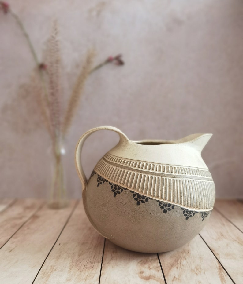 Light Brown Ceramic Pitcher with hand Engraved Decoration and Black Ceramic prints Ceramic Drinkware Pottery Pitcher image 5