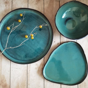 Ceramic serving dish set, Modern Ceramic Dinnerware Set, Black and Turquoise Ceramic set image 2