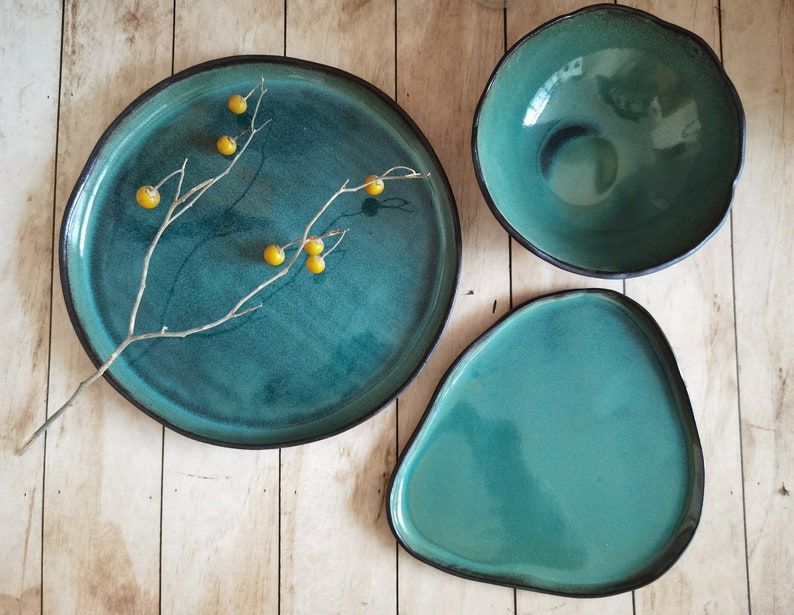 Ceramic serving dish set, Modern Ceramic Dinnerware Set, Black and Turquoise Ceramic set image 2