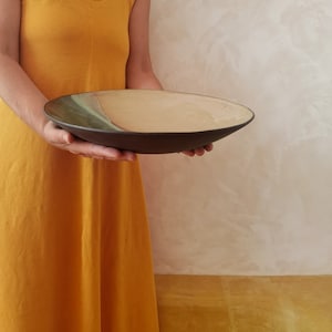 Large Wide Ceramic Bowl ,Large serving dish, Modern ceramic bowl, Beige and turquoise Glaze image 1