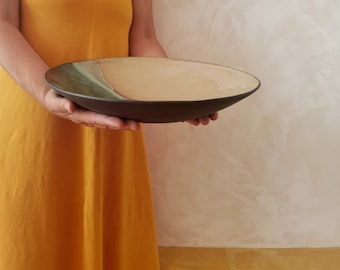 Large Wide Ceramic Bowl ,Large serving dish, Modern ceramic bowl, Beige and turquoise Glaze