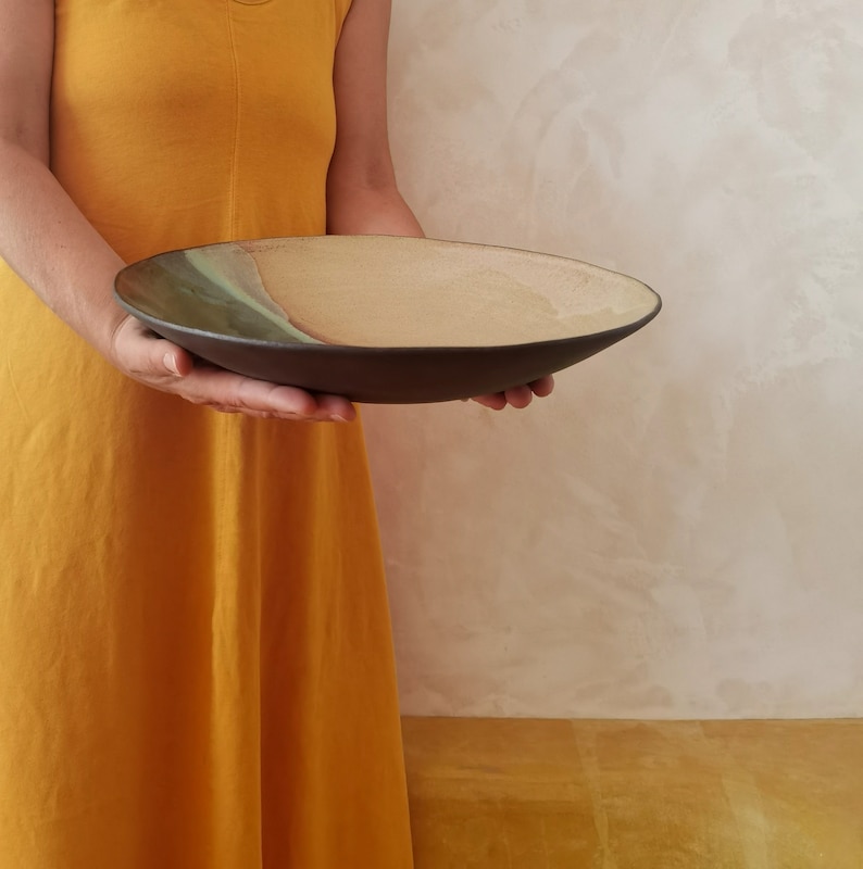 Large Wide Ceramic Bowl ,Large serving dish, Modern ceramic bowl, Beige and turquoise Glaze image 1