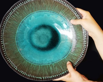 Large Wide Ceramic Bowl | Large Flat Bowl with a Combination of Hand-Painted Decorations and Engravings | Turquoise Serving Bowl