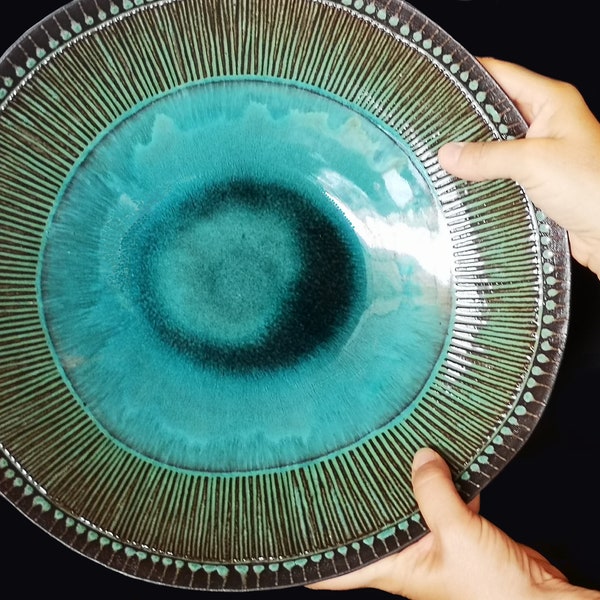 Large Wide Ceramic Bowl | Large Flat Bowl with a Combination of Hand-Painted Decorations and Engravings | Turquoise Serving Bowl
