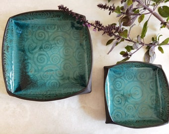 SET OF 2 Ceramic serving dish, Pottery serving dish, Handmade tray, Turquoise Ceramic tray
