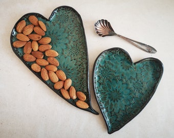 Heart Ceramic Serving Tray, Pottery serving dish, Turquoise serving Dish