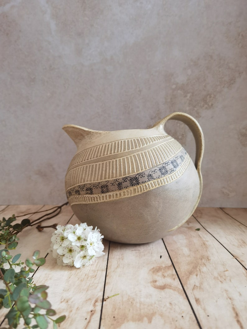 Ceramic Pitcher with hand Engraved Decoration and Black prints, Drinkware, Handmade pottery pitcher, Water Pitcher, Stoneware Pitcher image 3