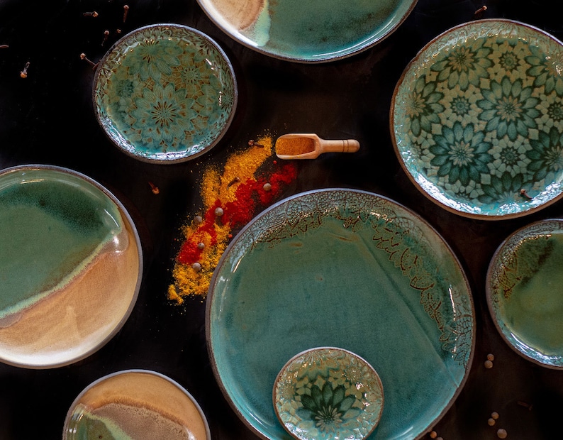 Set of 2 Beige and Turquoise Ceramic Plates ,Beige and Turquoise Plates, Handmade plate, Round Plater image 7