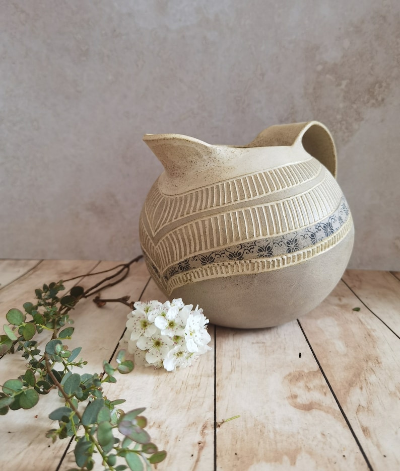 Ceramic Pitcher with hand Engraved Decoration and Black prints, Drinkware, Handmade pottery pitcher, Water Pitcher, Stoneware Pitcher image 4