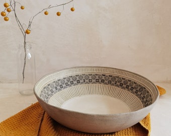 READY TO SHIP, Large  Ceramic Bowl ,  Black Paint Decorations and engravings, Large Serving dish