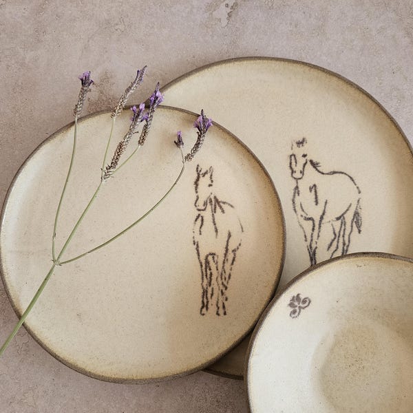 Handmade Ceramic Dinnerware Set: Horse Decorations, Unique pottery, Rustic style