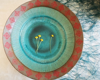 Large Ceramic Salad Bowl: Turquoise Glaze, Red Print, Rustic Serving Dish