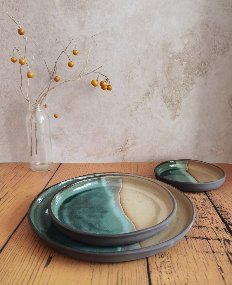 Set of 2 Beige and Turquoise Ceramic Plates ,Beige and Turquoise Plates, Handmade plate, Round Plater image 2