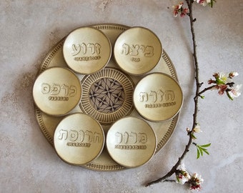 Passover Plate, Modern Ceramic Passover Plate, Unique Passover Gift, Beige glazed with black prints.