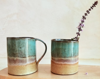 Beige and Turquoise Ceramic mug, Handmade Pottery, Mug with an Handle, Mug For coffee lovers