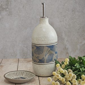 Handmade Ceramic Olive Oil Bottle: Rustic Blue & White Pottery