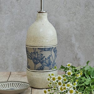 Handmade Ceramic Olive Oil Bottle: Rustic Blue & White Pottery, 30 oz