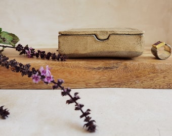 Square Ceramic Box | Decorated with Yellow Print and Beige Glaze | Ceramic Jewelry Box | Three Cells Box