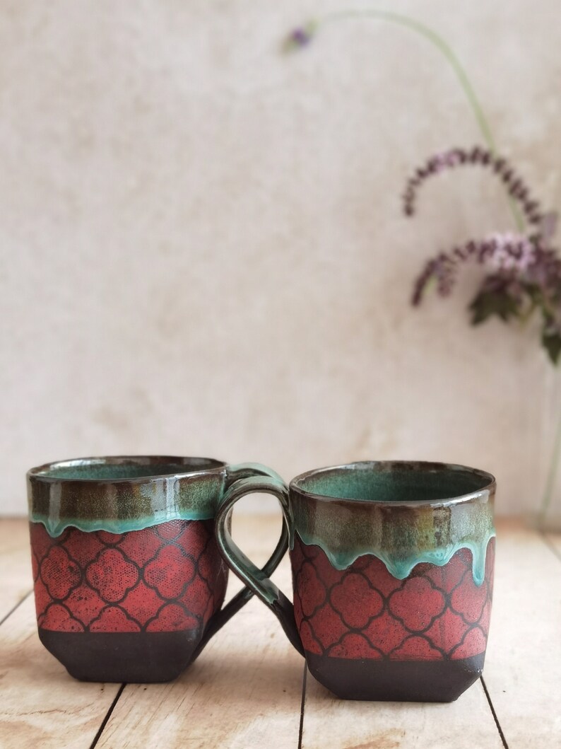 Set of TWO Ceramic mugs, Turquoise & Red Mugs For Tea lovers, Vintage mugs, Pottery cups, Handmade Pottery with an Handle, Gift for Mom image 1