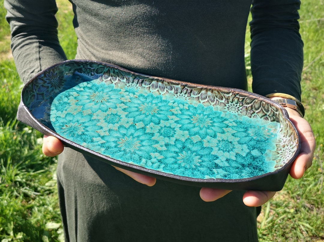 Rectangular Ceramic Serving Tray Pottery Serving Dish With Flowers Decorations and Turquoise