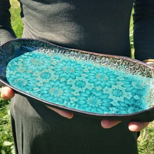 Rectangular Ceramic Serving Tray | Pottery Serving Dish with Flowers Decorations and Turquoise Glaze