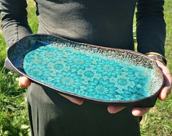 Rectangular Ceramic Serving Tray | Pottery Serving Dish with Flowers Decorations and Turquoise Glaze