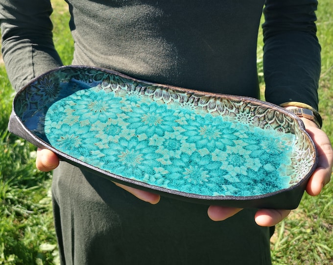 Rectangular Ceramic Serving Tray | Pottery Serving Dish with Flowers Decorations and Turquoise Glaze