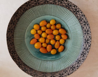 Large Wide Ceramic Bowl | Large Flat Bowl with Hand-Painted Decorations and Covered with Turquoise Glaze | Large Serving Bowl