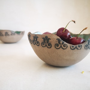 Set of 2 Ceramic Turquoise Bowls , Pottery Bowls with print Decorations , Dipping Bowl , Snack Serving Dish, Dessert Bowl